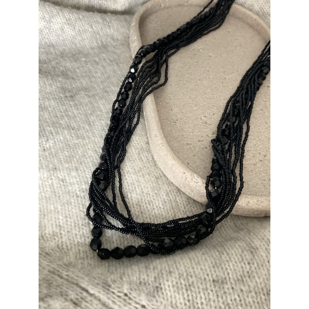 Vintage Black Multi Strand Seed Beaded Necklace Faceted Beads Gold Tone Twisted